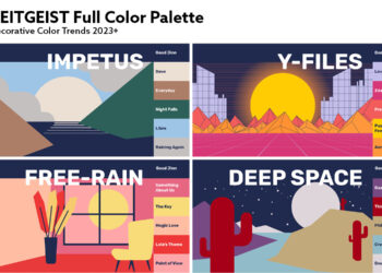 "ZEITGEIST” Decorative Color Trends 2023+: full color palette from traditional, natural driven soft tones to intense and bright shades.