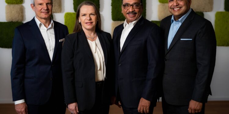 Thomas Bucher, Group Chief Finance Officer; Heike van de Kerkhof, Archroma Group Chief Executive Officer (CEO); Rohit Aggarwal, Divisional President & CEO of the Archroma Textile Effects division, as well as President Asia; Sameer Singla, Divisional President & CEO of the Archroma Paper, Packaging & Coatings division, as well as President Americas and Europe, Middle East & Africa.