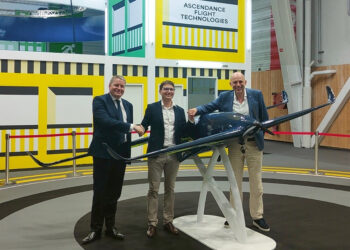 Photo of Ascendance Flight Technologies and Solvay representatives at the signing event. At the 2023 Paris Air Show, Solvay and Ascendance Flight Technologies have signed a partnership to collaborate in the development of innovative material and aerospace technologies for enhancing the safety, efficiency and sustainability of future aircraft. From left: Gerald Perrin, Solvay EMEA Business Manager; Jean-Christophe Lambert, CEO of Ascendance Flight Technologies and Stéphane Viala, Director of Engineering & Program at Ascendance Flight Technologies.